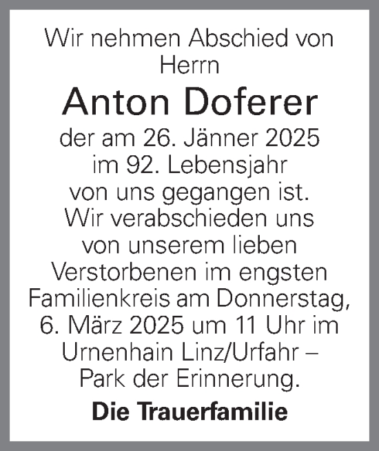 Traueranzeige von Anton Doferer von OÖNachrichten