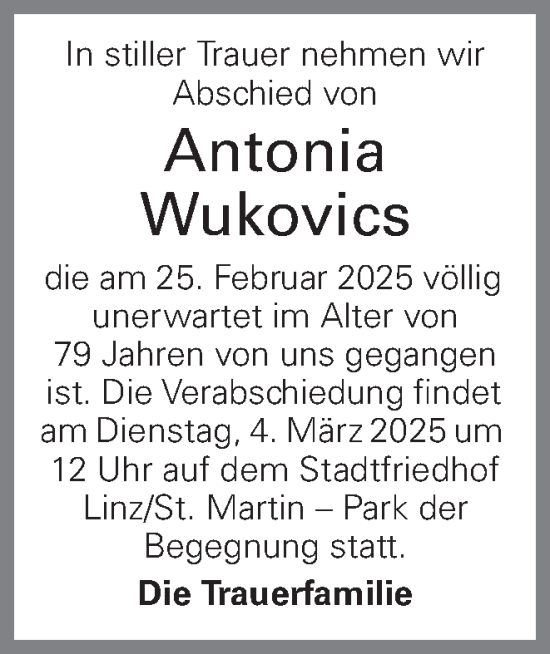 Traueranzeige von Antonia Wukovics von OÖNachrichten