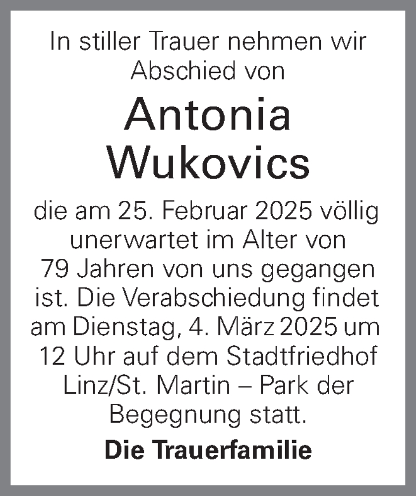  Traueranzeige für Antonia Wukovics vom 28.02.2025 aus OÖNachrichten