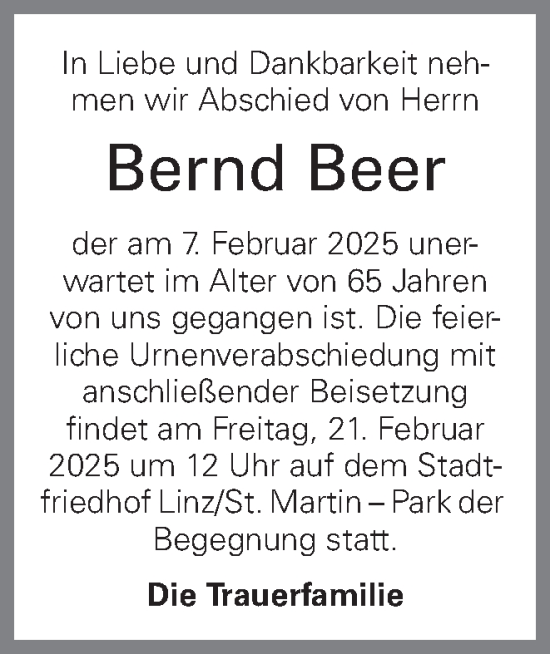 Traueranzeige von Bernd Beer von OÖNachrichten