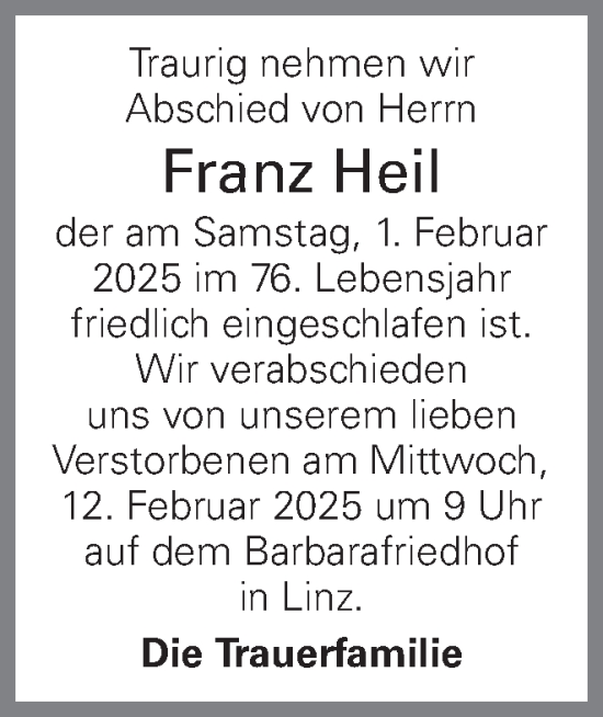 Traueranzeige von Franz Heil von OÖNachrichten
