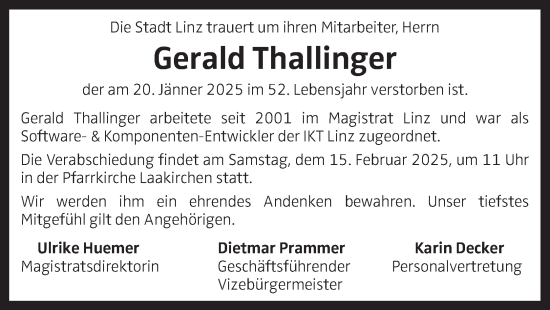 Traueranzeige von Gerald Thallinger von OÖNachrichten