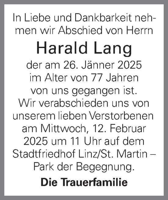 Traueranzeige von Harald Lang von OÖNachrichten
