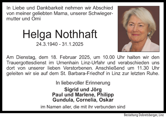 Traueranzeige von Helga Nothhaft von OÖNachrichten
