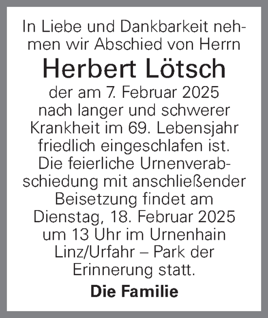 Traueranzeige von Herbert Lötsch von OÖNachrichten