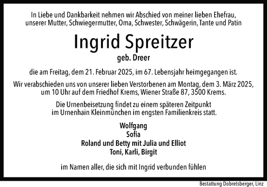 Traueranzeige von Ingrid Spreitzer von OÖNachrichten