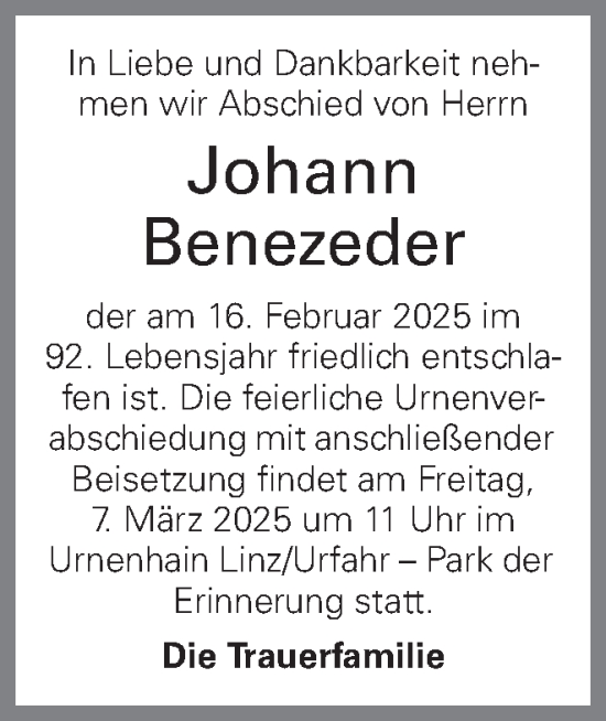Traueranzeige von Johann Benezeder von OÖNachrichten