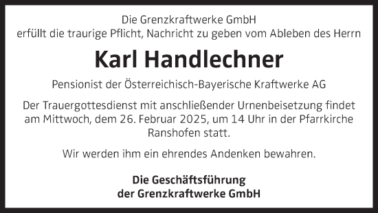 Traueranzeige von Karl Handlechner von OÖNachrichten
