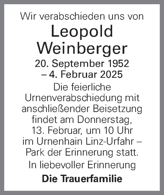 Traueranzeige von Leopold Weinberger von OÖNachrichten