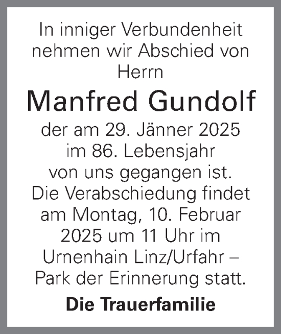 Traueranzeige von Manfred Gundolf von OÖNachrichten