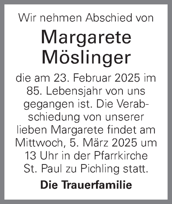 Traueranzeige von Margarete Möslinger von OÖNachrichten