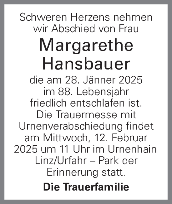 Traueranzeige von Margarethe Hansbauer von OÖNachrichten