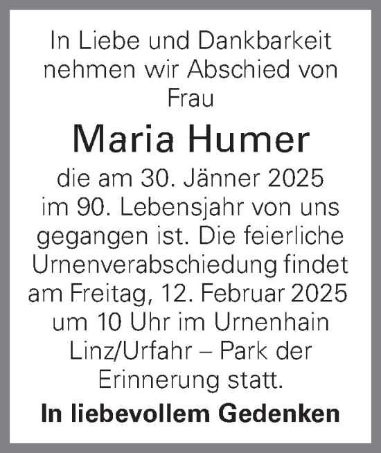 Traueranzeige von Maria Humer von OÖNachrichten