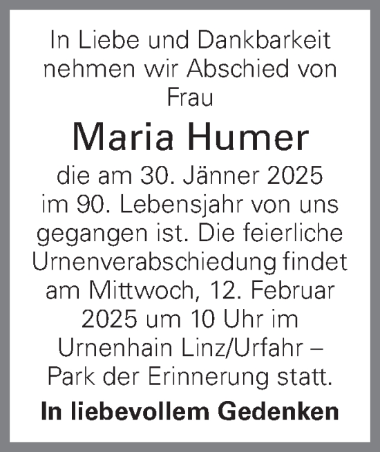 Traueranzeige von Maria Humer von OÖNachrichten