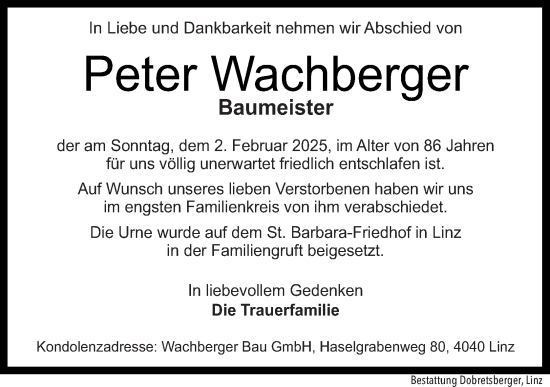 Traueranzeige von Peter Wachberger von OÖNachrichten