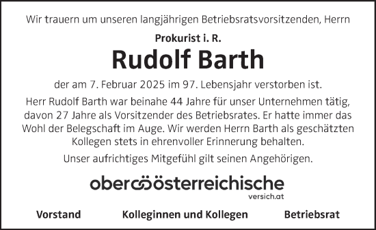Traueranzeige von Rudolf Barth von OÖNachrichten