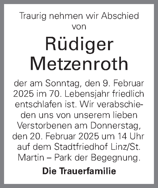 Traueranzeige von Rüdiger Metzenroth von OÖNachrichten
