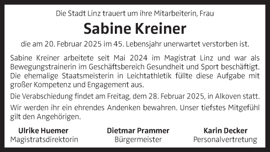 Traueranzeige von Sabine Kreiner von OÖNachrichten