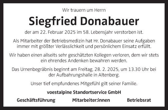 Traueranzeige von Siegfried Donabauer von OÖNachrichten
