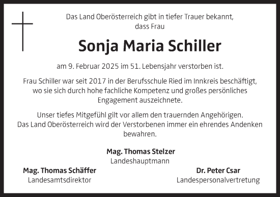 Traueranzeige von Sonja Maria Schiller von OÖNachrichten
