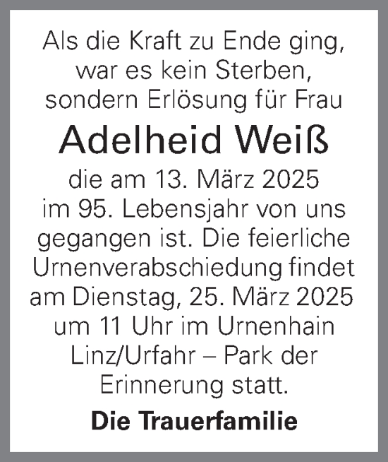 Traueranzeige von Adelheid Weiß von OÖNachrichten