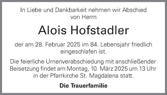 Traueranzeige von Alois Hofstadler von OÖNachrichten