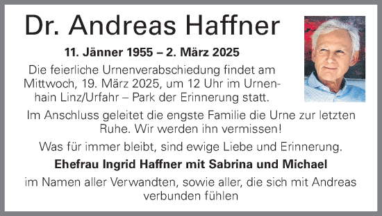 Traueranzeige von Andreas Haffner von OÖNachrichten