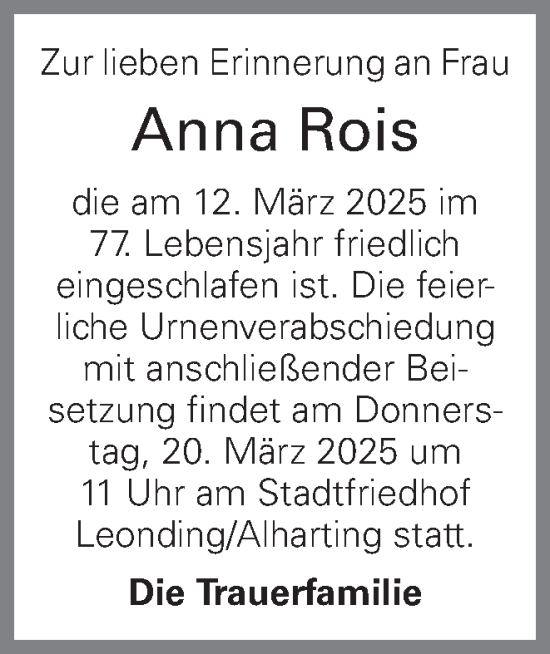 Traueranzeige von Anna Rois von OÖNachrichten