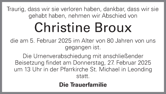 Traueranzeige von Christine Broux von OÖNachrichten