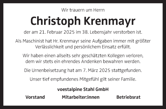 Traueranzeige von Christoph Krenmayr von OÖNachrichten