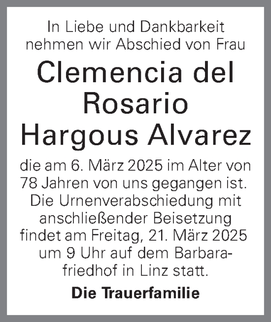 Traueranzeige von Clemencia del Rosario Hargous Alvarez von OÖNachrichten