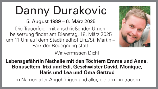 Traueranzeige von Danny Durakovic von OÖNachrichten