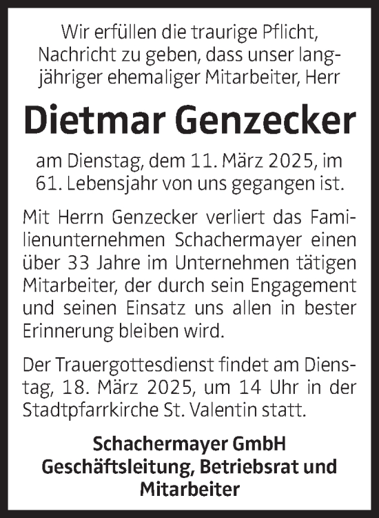 Traueranzeige von Dietmar Genzecker von OÖNachrichten