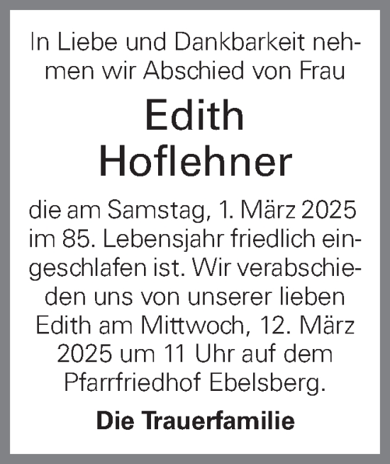 Traueranzeige von Edith Hoflehner von OÖNachrichten