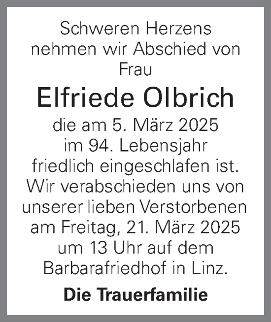 Traueranzeige von Elfriede Olbrich von OÖNachrichten