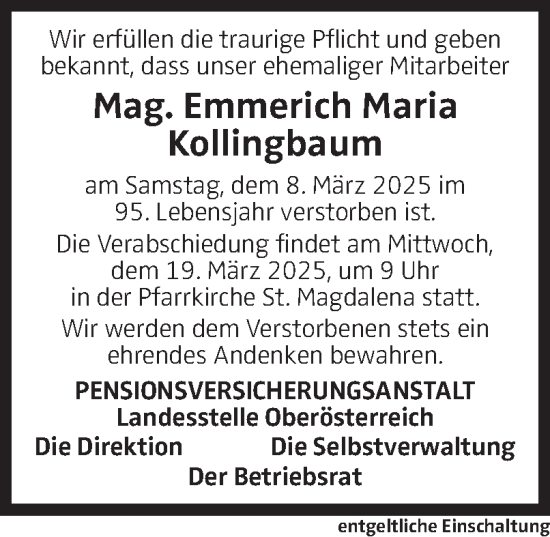Traueranzeige von Emmerich Maria Kollingbaum von OÖNachrichten