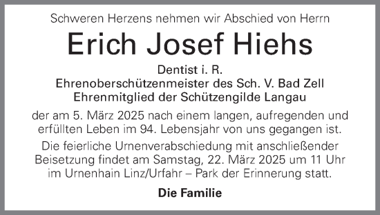 Traueranzeige von Erich Josef Hiehs von OÖNachrichten