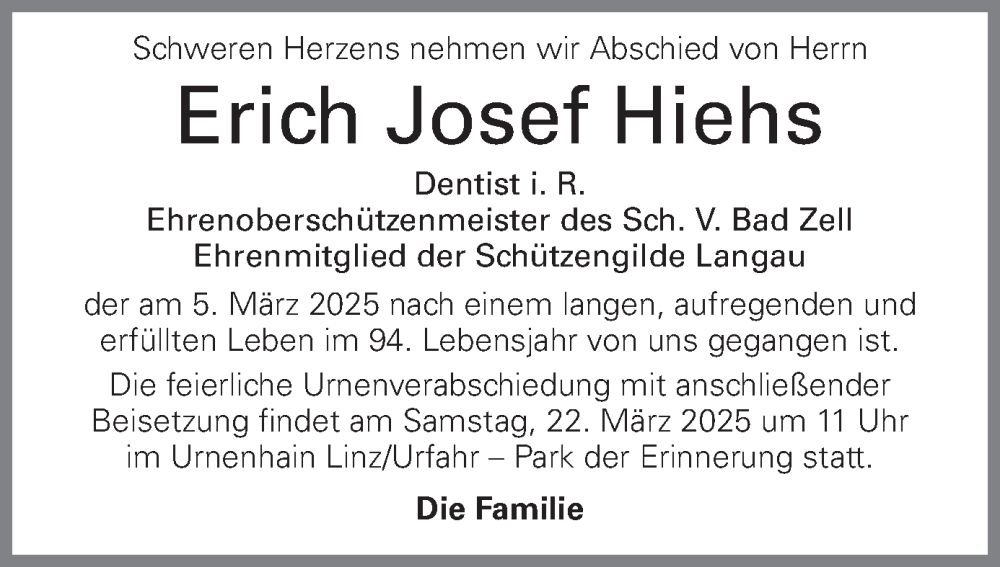  Traueranzeige für Erich Josef Hiehs vom 10.03.2025 aus OÖNachrichten