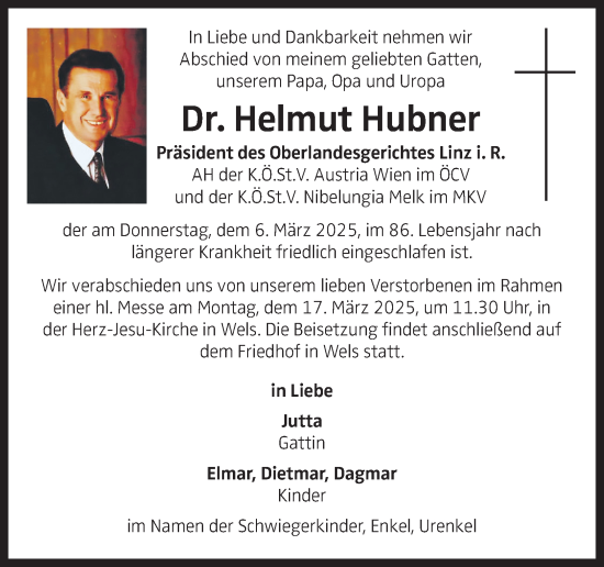Traueranzeige von Helmut Hubner von OÖNachrichten