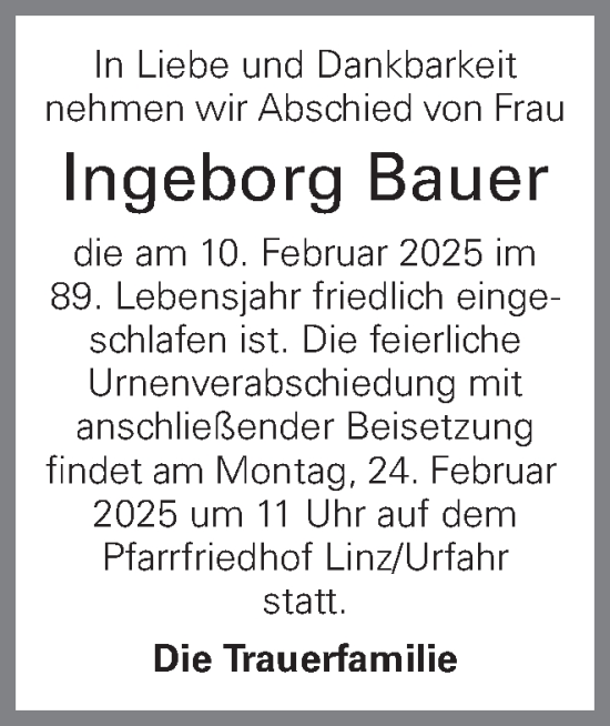 Traueranzeige von Ingeborg Bauer von OÖNachrichten
