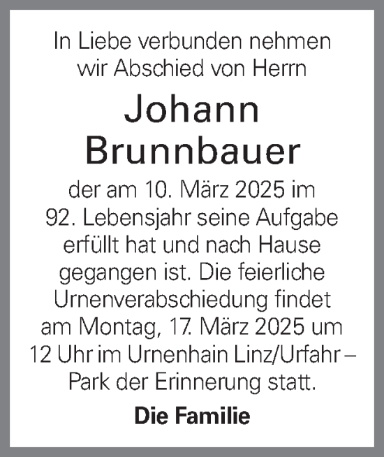 Traueranzeige von Johann Brunnbauer von OÖNachrichten