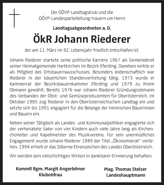 Traueranzeige von Johann Riederer von OÖNachrichten