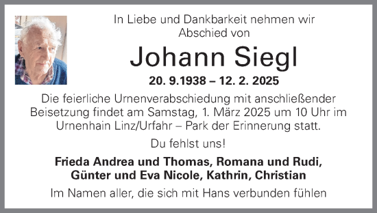 Traueranzeige von Johann Siegl von OÖNachrichten