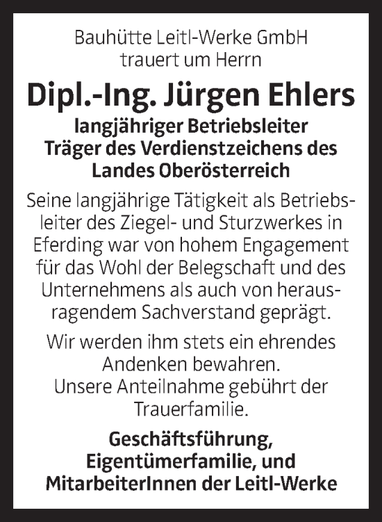 Traueranzeige von Jürgen Ehlers von OÖNachrichten