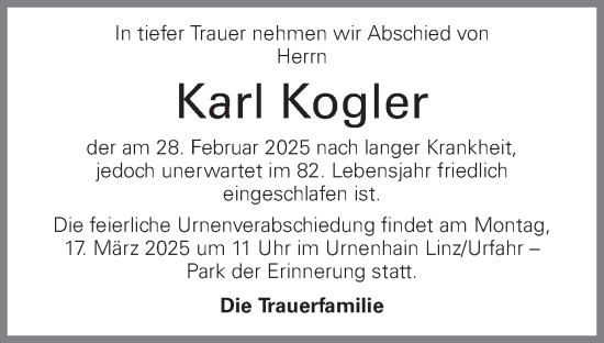Traueranzeige von Karl Kogler von OÖNachrichten