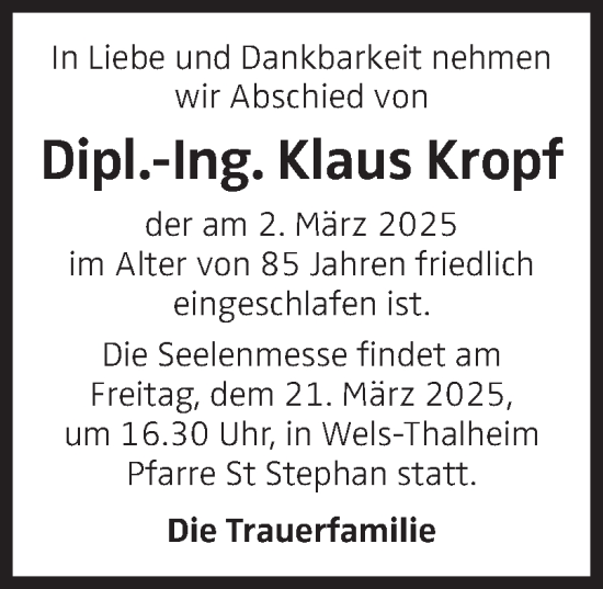 Traueranzeige von Klaus Kropf von OÖNachrichten
