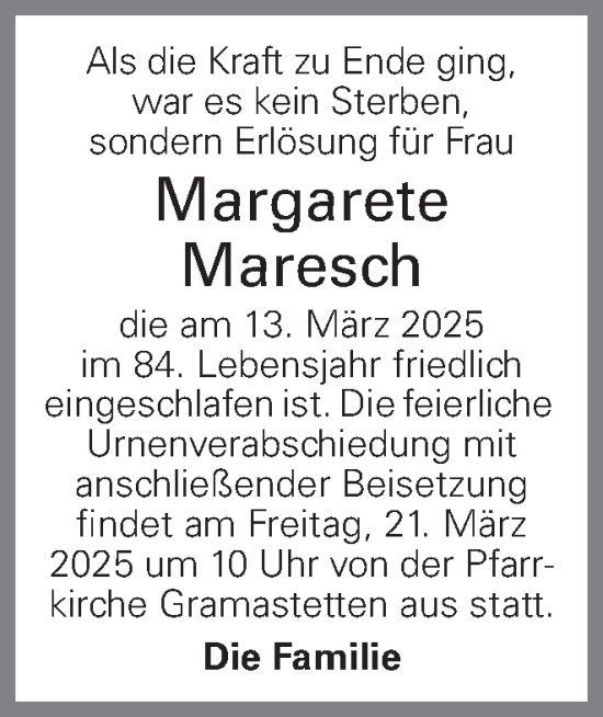 Traueranzeige von Margarete Maresch von OÖNachrichten