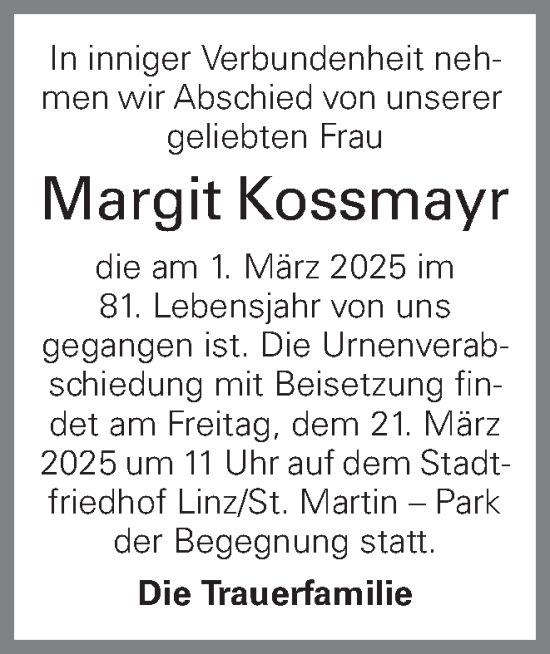 Traueranzeige von Margit Kossmayr von OÖNachrichten