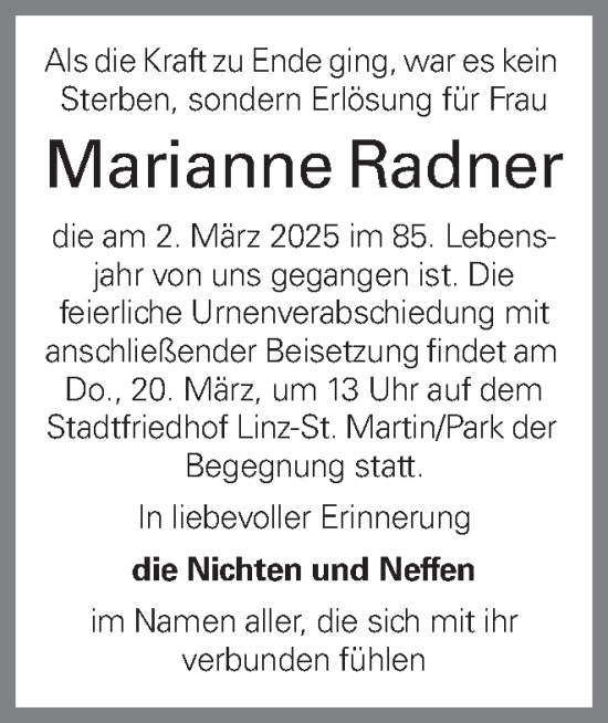 Traueranzeige von Marianne Radner von OÖNachrichten