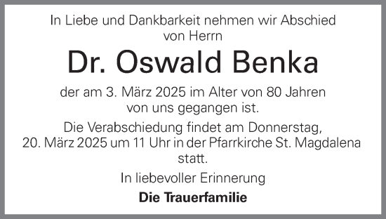 Traueranzeige von Oswald Benka von OÖNachrichten